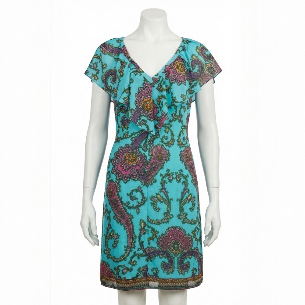 Nicole Miller Turquoise Paisley Ruffle Neck Shift Dress Size 6